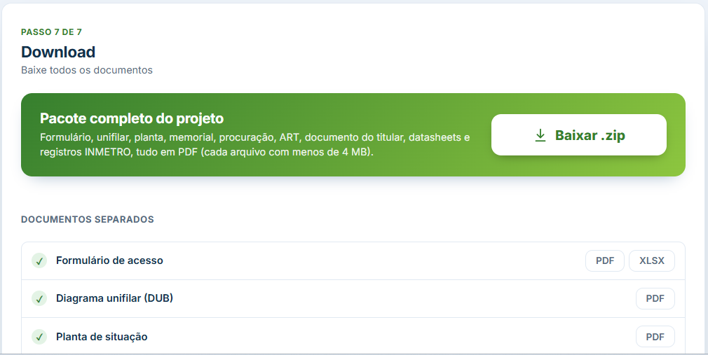 Passo 7 do app: pacote completo do projeto com o botão Baixar .zip